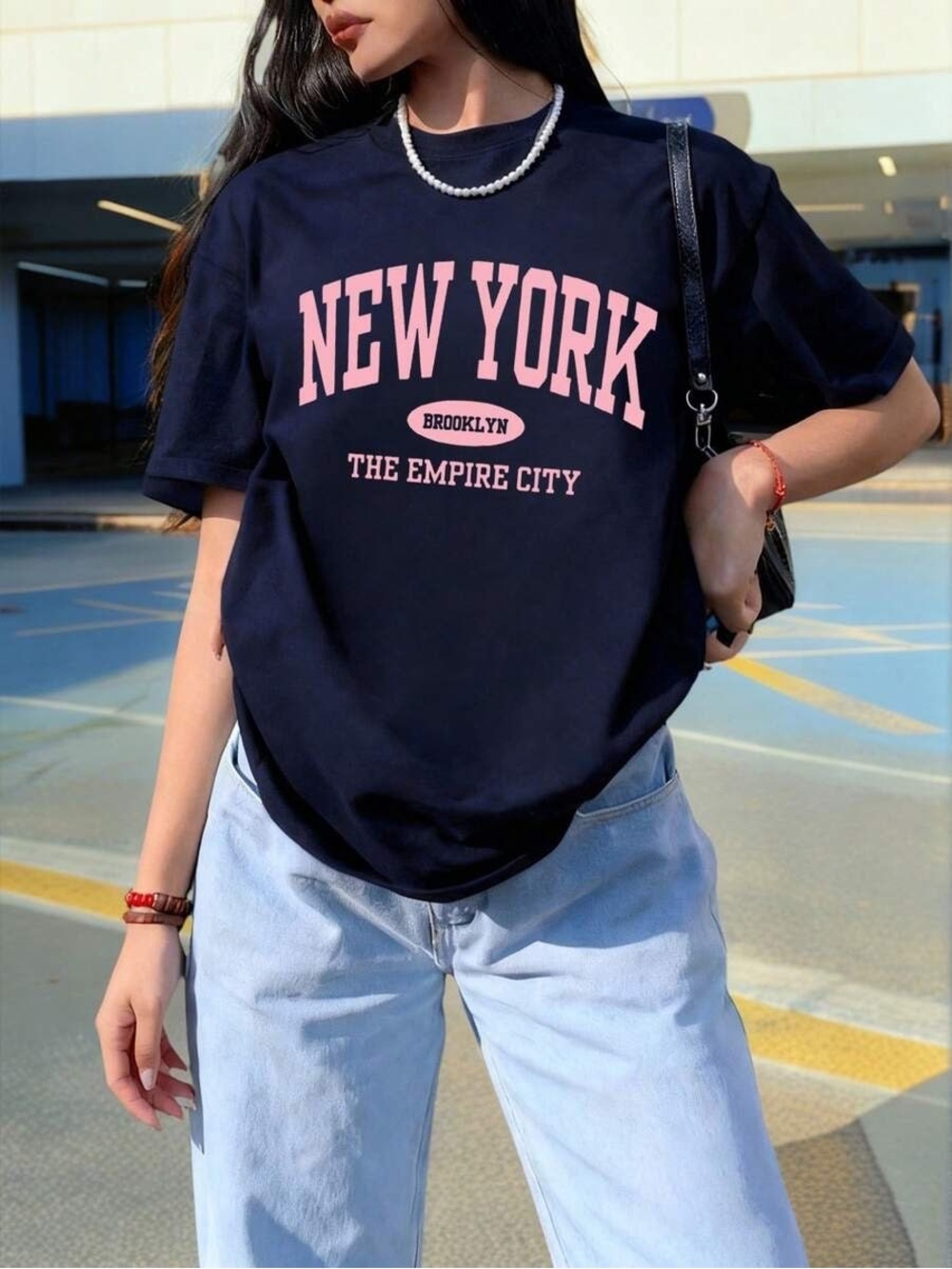 NEW YORK Graphic Tee - Navy with Pink Print